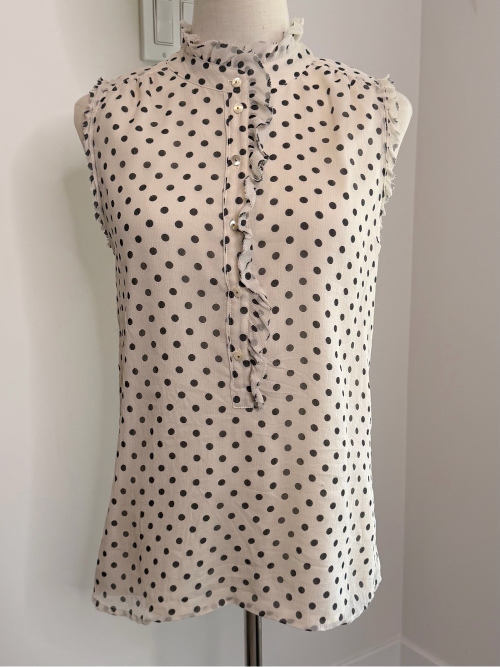 🩵2 for 30-J. Crew Ivory Sleeveless Polka Dot Blouse with Ruffle Front